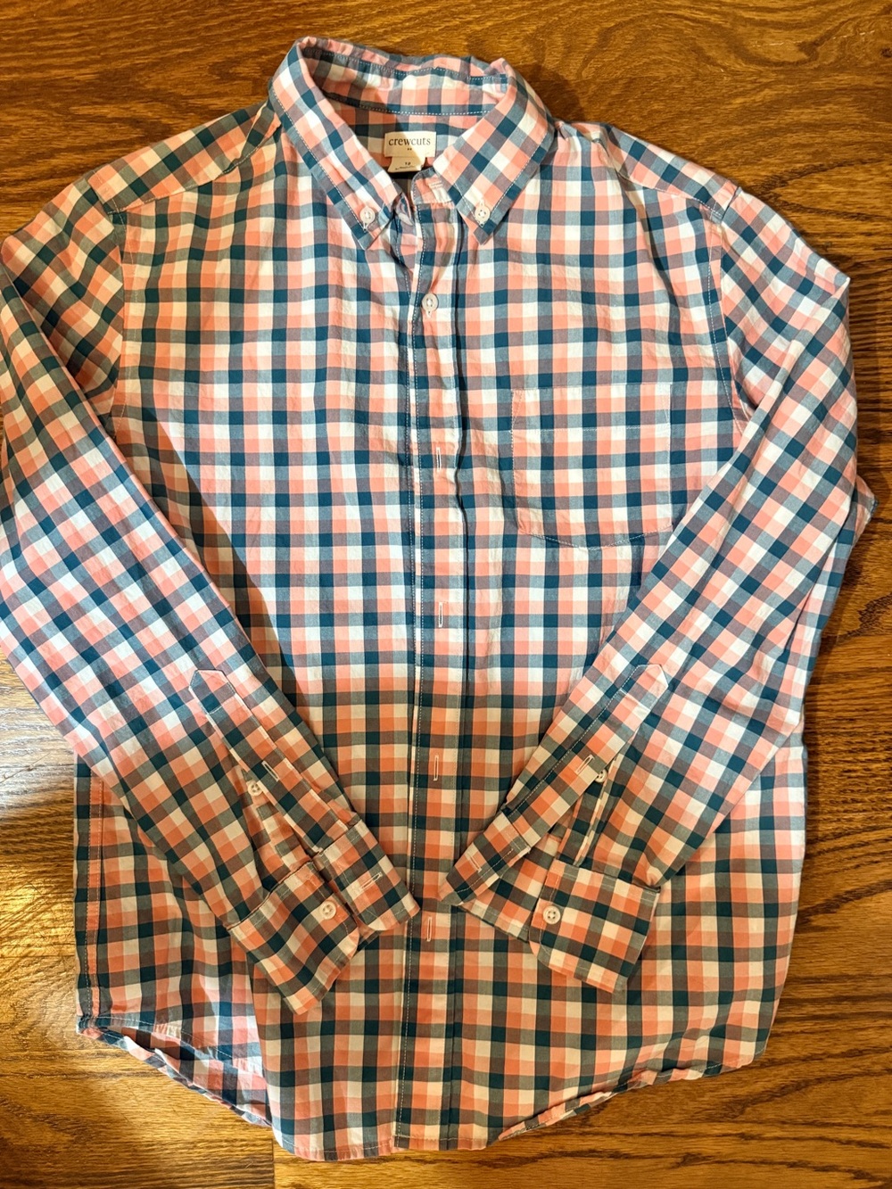 Crewcuts Boy’s Button-Down Plaid Shirt in Peach & Green